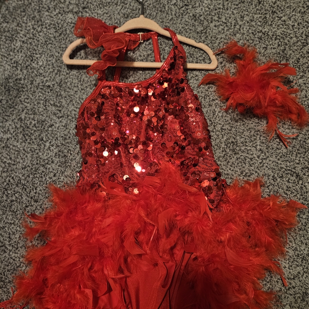 Revolution Red Sequin and Feather Kids Dance Costume